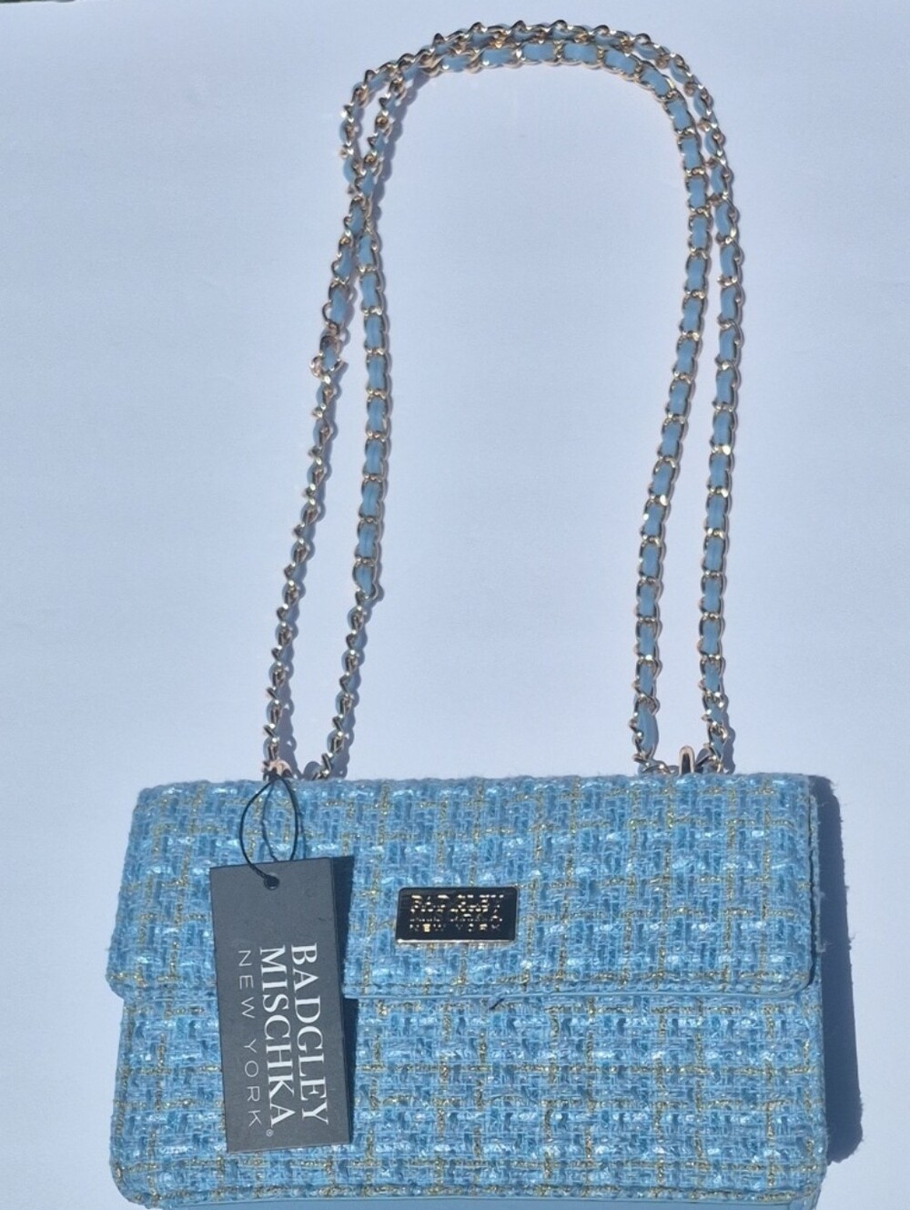 Badgley Mischka Pale Blue Tweed Chain Shoulder Bag With Ajustable Straps
